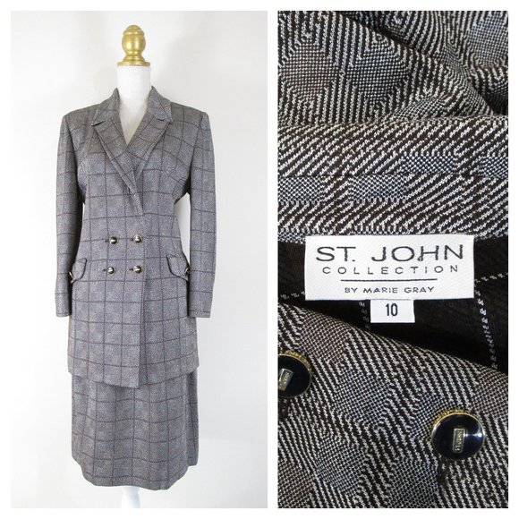 St. John Collection Dresses & Skirts - St. John Collection Metallic Gray Plaid Double Breasted Skirt Suit 10 Formal